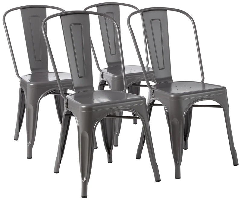 Amazon Basics Set of 4 Grey Metal Dining Chairs, with Backrest, Stackable, Bistro, Kitchen, Indoor & Outdoor, 51 x 43 x 85 cm