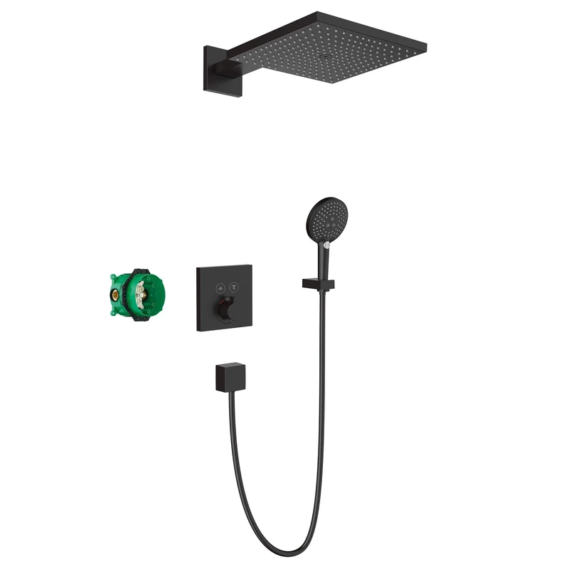 hansgrohe Raindance E 7-in-1 Flush-Mounted Shower System with Thermostatic Shower Head Shower Hose Including Base and Brackets Matt Black