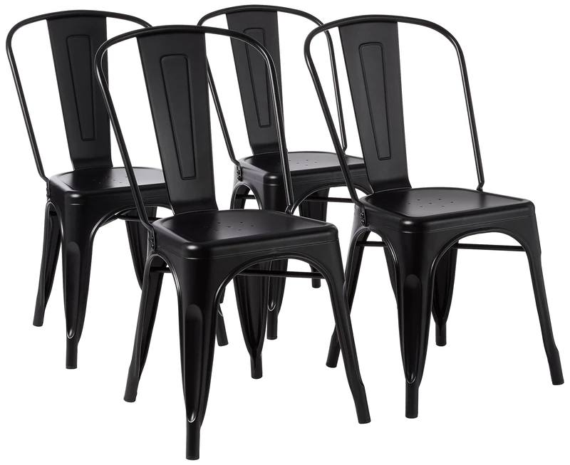 Amazon Basics Set of 4 Black Metal Dining Chairs, with Backrest, Stackable, Bistro, Kitchen, Indoor & Outdoor, 51 x 43 x 85 cm
