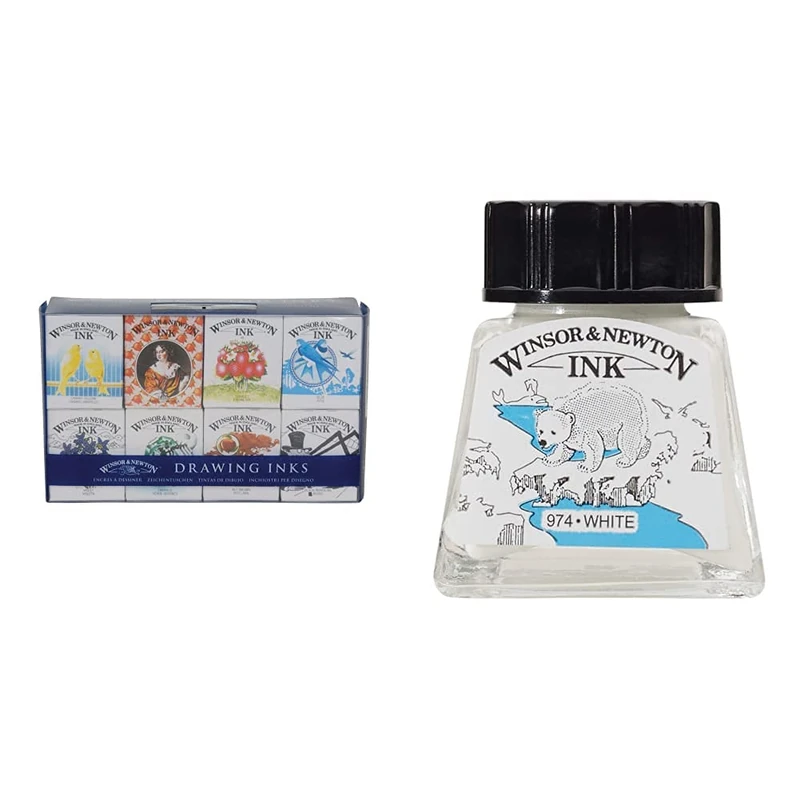 Winsor & Newton, Drawing Inks, Henry Collection Ink Pack, 8x14ml Bottles and 14ml Drawing Ink Bottle - White