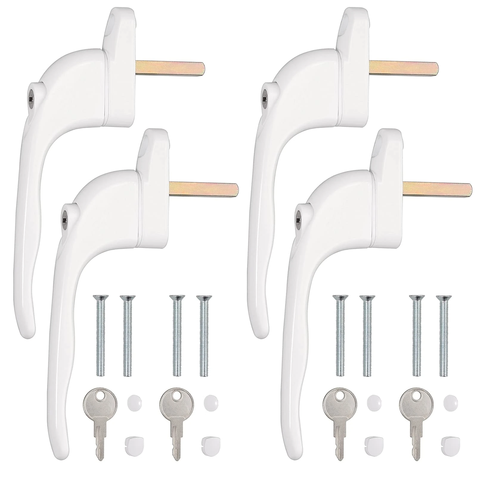 Kamtop 4 PCS Window Handles, Universal Lockable Inline Replacement Window Handles with Key, Aluminum Left or Right Espag Handles for UPVC Window with 43mm Spindle Length, White