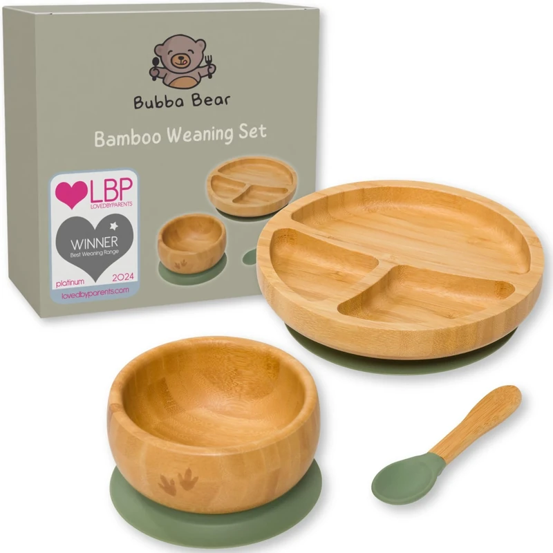 Bubba Bear Baby Bamboo Weaning Set | Toddler & Babies Plates & Bowls with Suction | Childs Led Feeding Plate, Bowl and Spoon Set | Wooden Dinner Essentials Sets for Kids | Eco Friendly & BPA Free