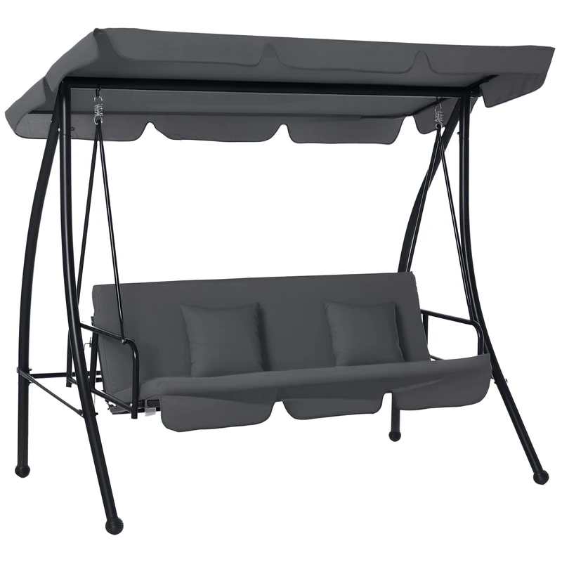 Outsunny Outdoor 2-in-1 Swing Chair Lounger 3 Seater Garden Swing Seat Bed Hammock Bed Convertible Tilt Canopy W/Cushion, Dark Grey