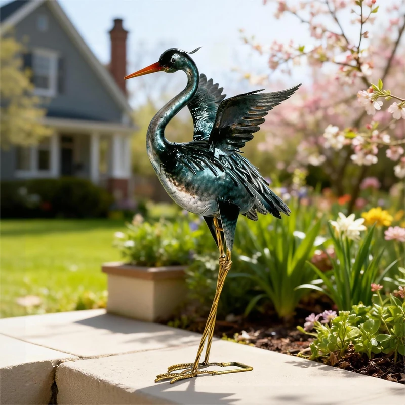 chisheen Crane Garden Statue Sculpture Metal Heron Outdoor Decoration Yard Art Bird Decoy for Backyard Pond Patio Porch Lawn Decorations