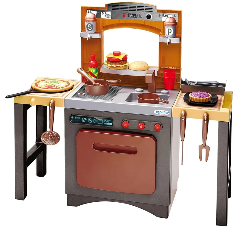 Ecoiffier 2-in-1 Play Kitchen Pizzeria - Variable Children's Kitchen with Restaurant Flair, Includes Stool, Kitchen Accessories, Burger, Pizza, for Children from 18 Months
