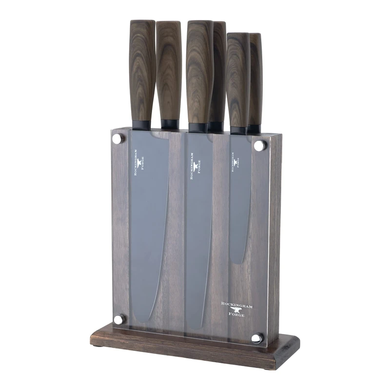 Rockingham Forge Forester Series 7-Piece Knife Block Set with Rounded “Safe-D” Blade Tips, Black Blade & Wooden Finish on Handles, RF-618/7D - Image 1