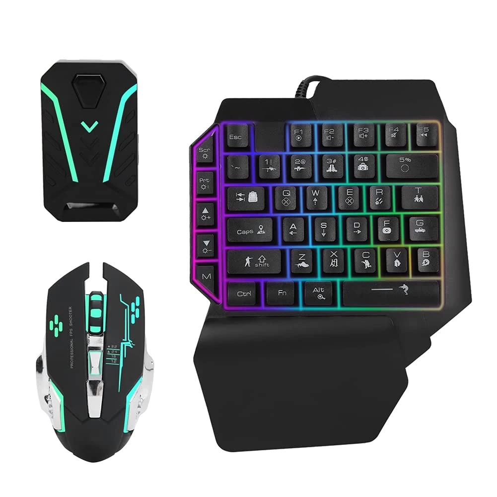 One Hand Gaming Keyboard and Mouse Combo, Wired 39 Keys Mechanical Feel Rainbow Backlit Keyboard+RGB Gaming Mouse+LED Backlit Converter for PS3/for PS4/for PS5/for Xbox360/for ONE/for series