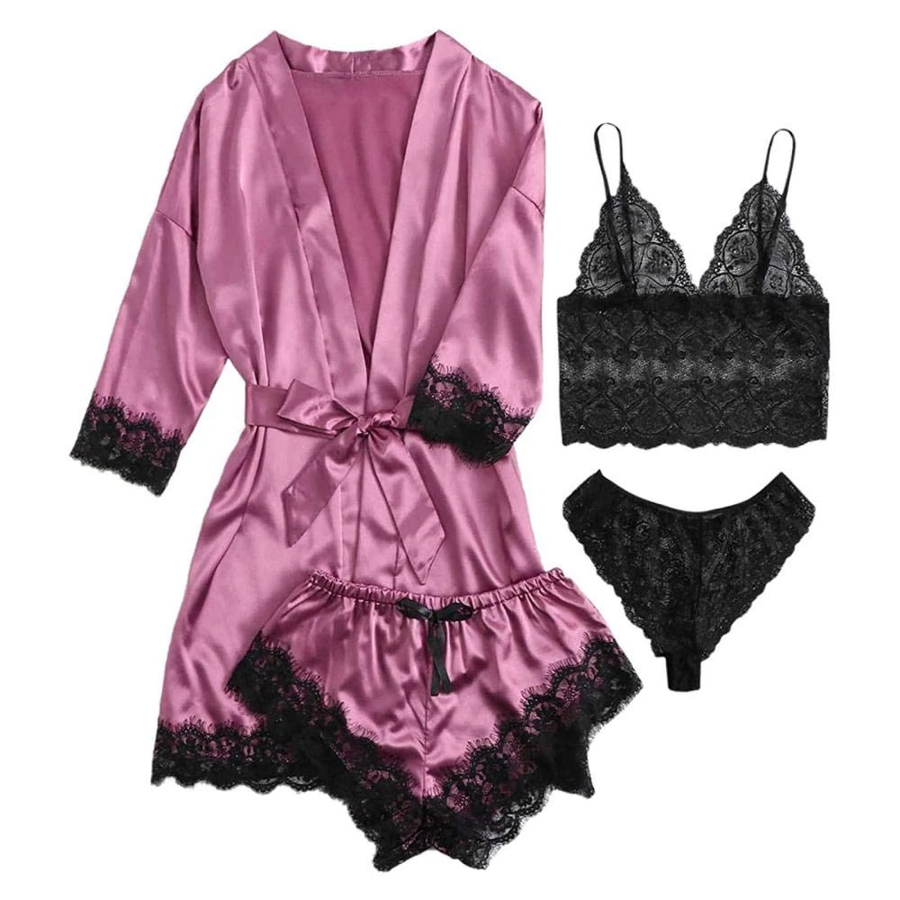 Women's Baby Dolls Sexy Women Bathrobe Wedding Robe Lace Trim Sleepwear Casual Home Clothes Nightwear Bodysuit Set-D_3XL