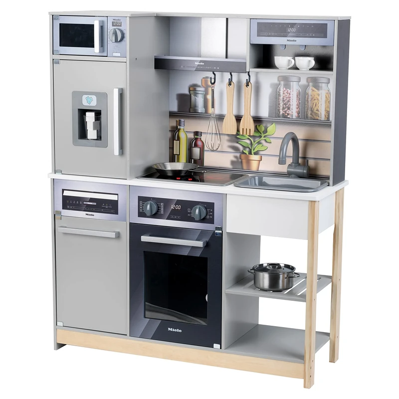 Theo Klein 7194 Miele Family Kitchen I Wood kitchen with stove including light and sound function I With play kitchen accessories I Toys for children aged 3 and over
