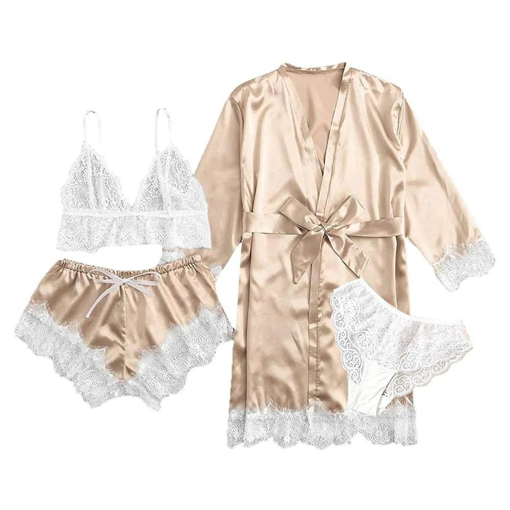 Women's Erotic Sleepwear Sexy Women Bathrobe Wedding Robe Lace Trim Sleepwear Casual Home Clothes Nightwear Bodysuit Set-B_3XL