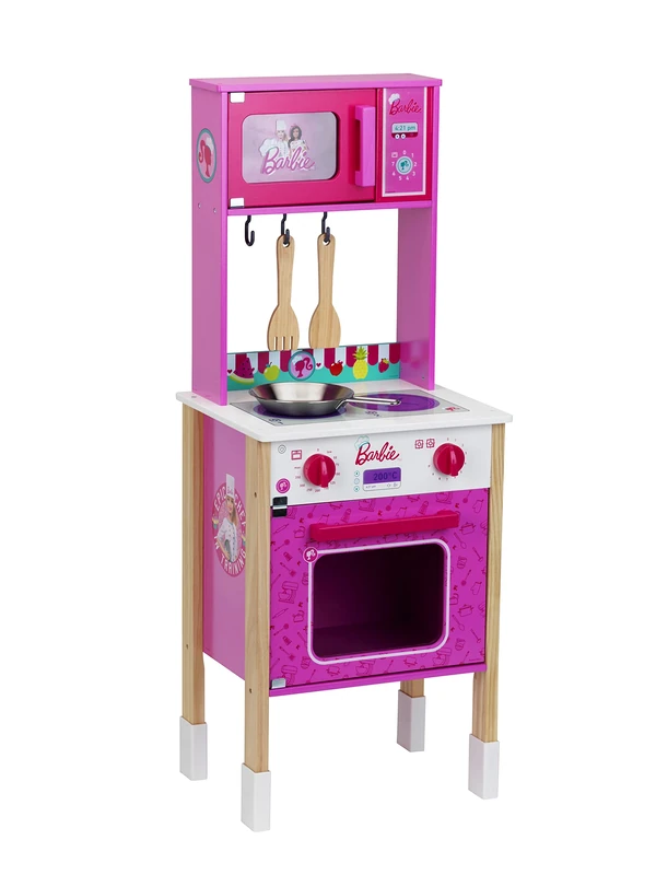 Theo Klein 7319 Barbie Epic Chef Kitchen I Modern wood kitchen with stove, oven and microwave I including play kitchen accessories I Toys for children aged 3 and over