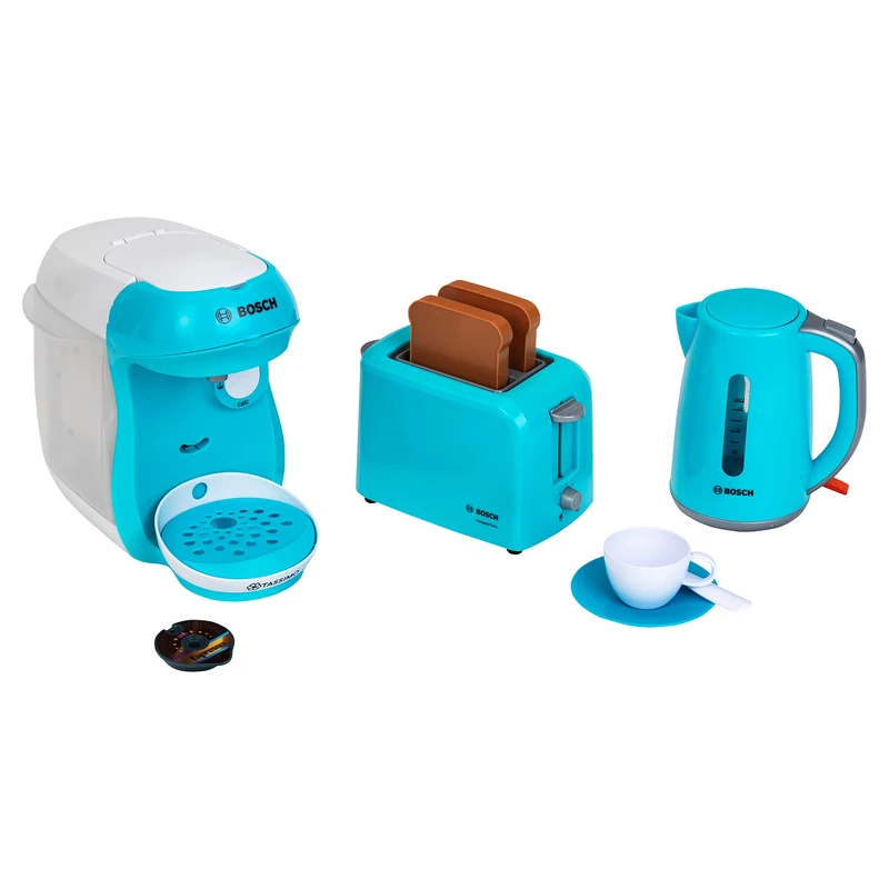 Theo Klein 9519 Bosch Breakfast Set I Kitchen accessory set consisting of toaster, coffee maker and electric kettle I Toys for children aged 3 and over