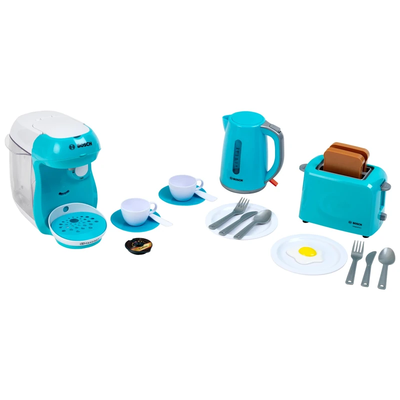 Theo Klein 9598 Bosch Breakfast Set I Blue kitchen accessory set incl. toaster, coffee machine and kettle I With crockery, cutlery and dummy fried egg I Toys for children aged 3 and over