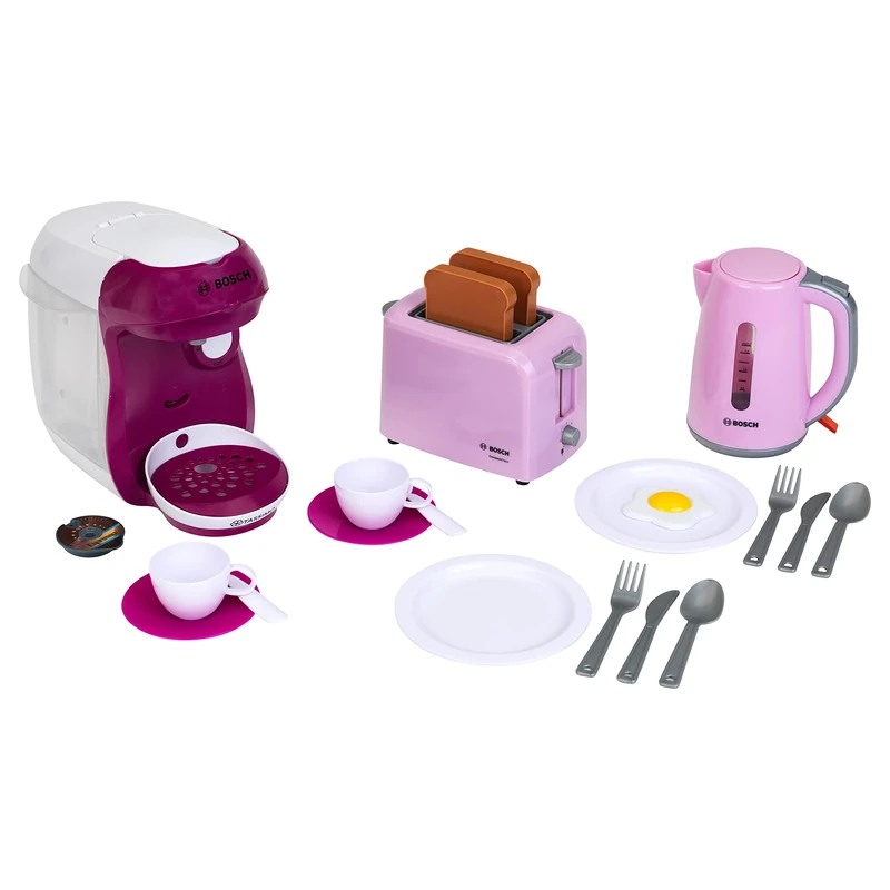 Theo Klein 9597 Bosch Breakfast Set I Pink kitchen accessory set incl. toaster, coffee maker and kettle I With crockery, cutlery and dummy fried egg I Toys for children aged 3 and over
