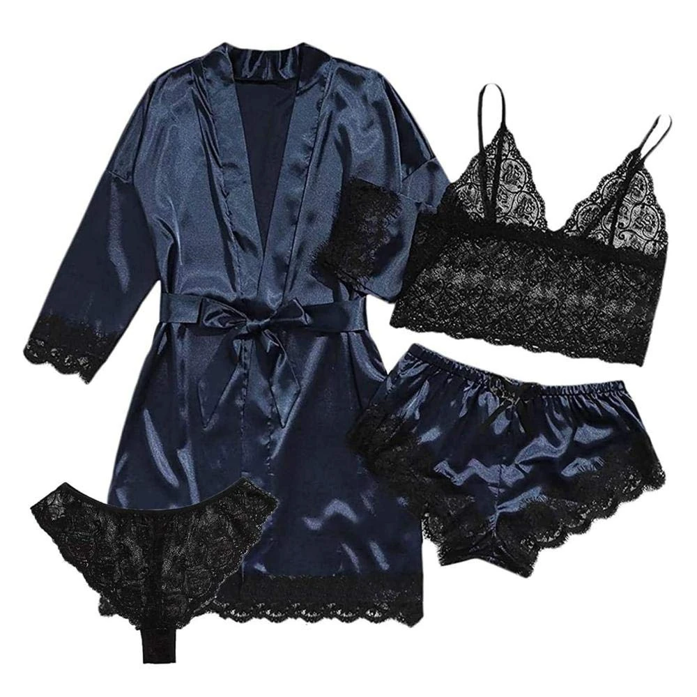 Women's Lingerie Sets Sexy Women Bathrobe Wedding Robe Lace Trim Sleepwear Casual Home Clothes Nightwear Bodysuit Set-C_M