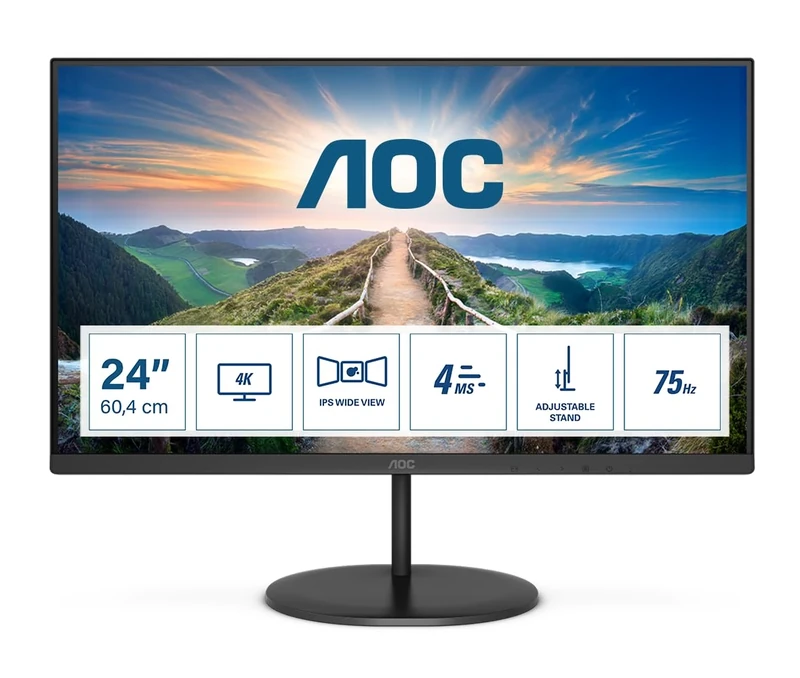 AOC Q24V4EA - 24 Inch QHD Monitor, 75Hz, 4ms, IPS, Adaptive Sync, Speakers, FlickerFree (2560x1440 @ 75Hz, 250cd/m², HDMI 1.4 x 1, DisplayPort 1.2 x 1 ), black