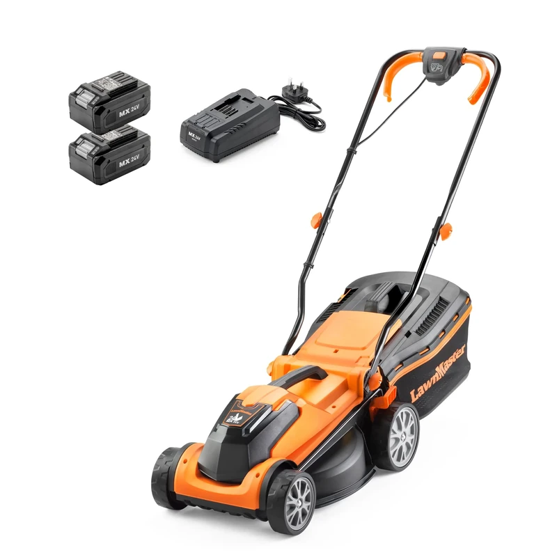 LawnMaster MX 24V 34cm Cordless Lawnmower Plus Spare Battery, MX 24V 4.0Ah Lithium Ion Battery and Fast Charger - With Rear Roller (34cm Mower)