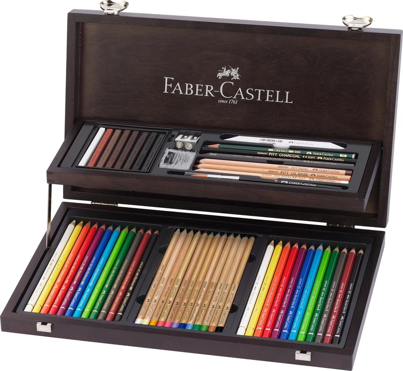 Faber-Castell Art & Graphic Compendium, Multicoloured, Wooden Case Of 53, For Art, Craft, Drawing, Sketching, Home, School, University, Colouring