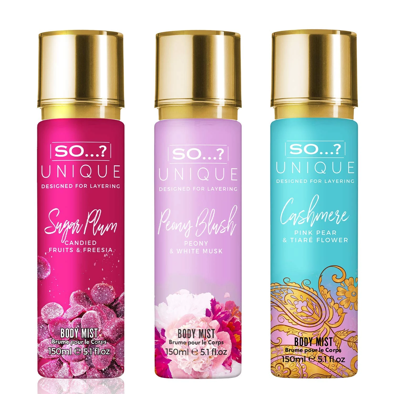 So…? Unique Womens Sweet Petals Bundle Sugar Plum, Peony Blush, Cashmere Body Mist Spray Mixed Fragrance Bundle 150ml (Pack of 3)