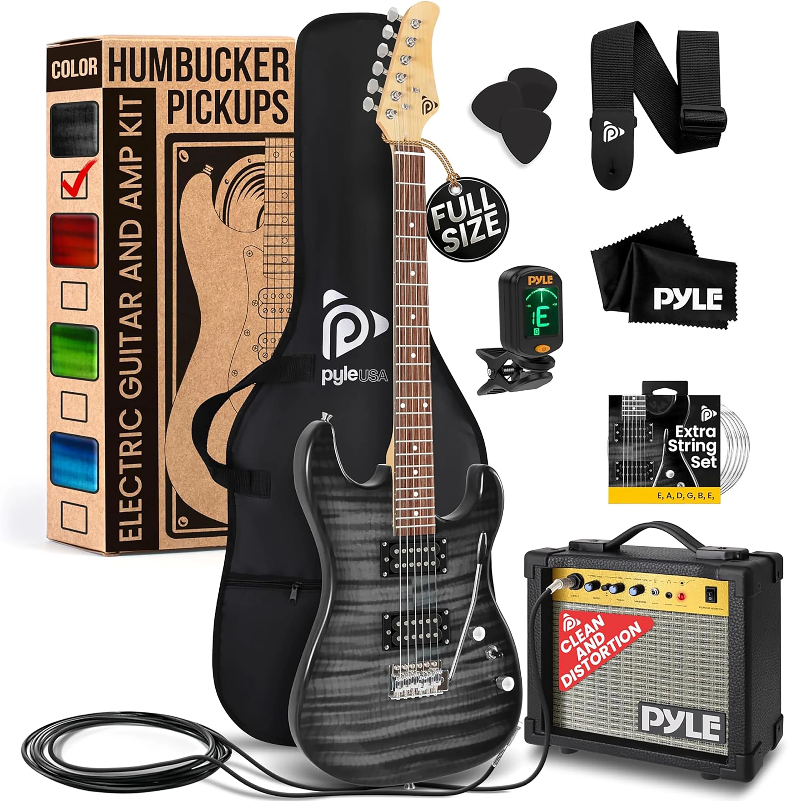 Pyle Electric Guitar, Complete Set, Full Size Guitar, 39"/99cm- Guitars with Amp, Kit- for Beginners, w/Humbucker Picks, 10WAmplifier,Tuner,Strap,Extra Strings, Black