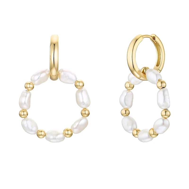 NOELANI hoop earrings 925 sterling silver woman earrings, with freshwater cultured pearl, 3.2 cm, gold, comes in jewelry gift box