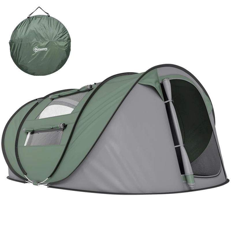 Outsunny 4 Person Pop-up Camping Tent Family Tent with Ground Sheet, 4 Windows and Portable Carry Bag for Beach Outdoor Trip, Dark Green