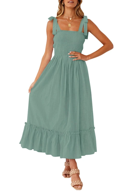 ZESICA Women's 2024 Summer Boho Spaghetti Strap Square Neck Solid Color Ruffle A Line Beach Long Maxi Dress, Green, Large