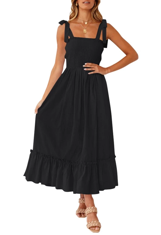 ZESICA Women's 2023 Summer Boho Spaghetti Strap Square Neck Solid Color Ruffle A Line Beach Long Maxi Dress,Black,Small, Black, Small