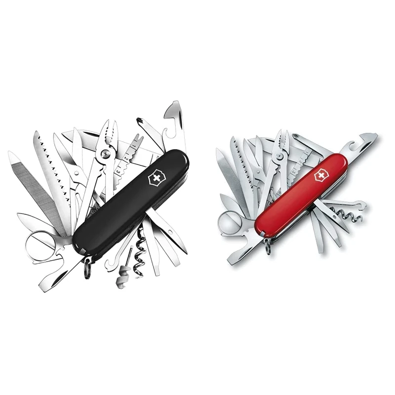 Victorinox Swiss Champ Swiss Army Pocket Knife, Medium, Multi Tool, 33 Functions, Blade, Scissors, Black & Swiss Champ Swiss Army Pocket Knife, Medium, Multi Tool, 33 Functions, Blade, Scissors, Red