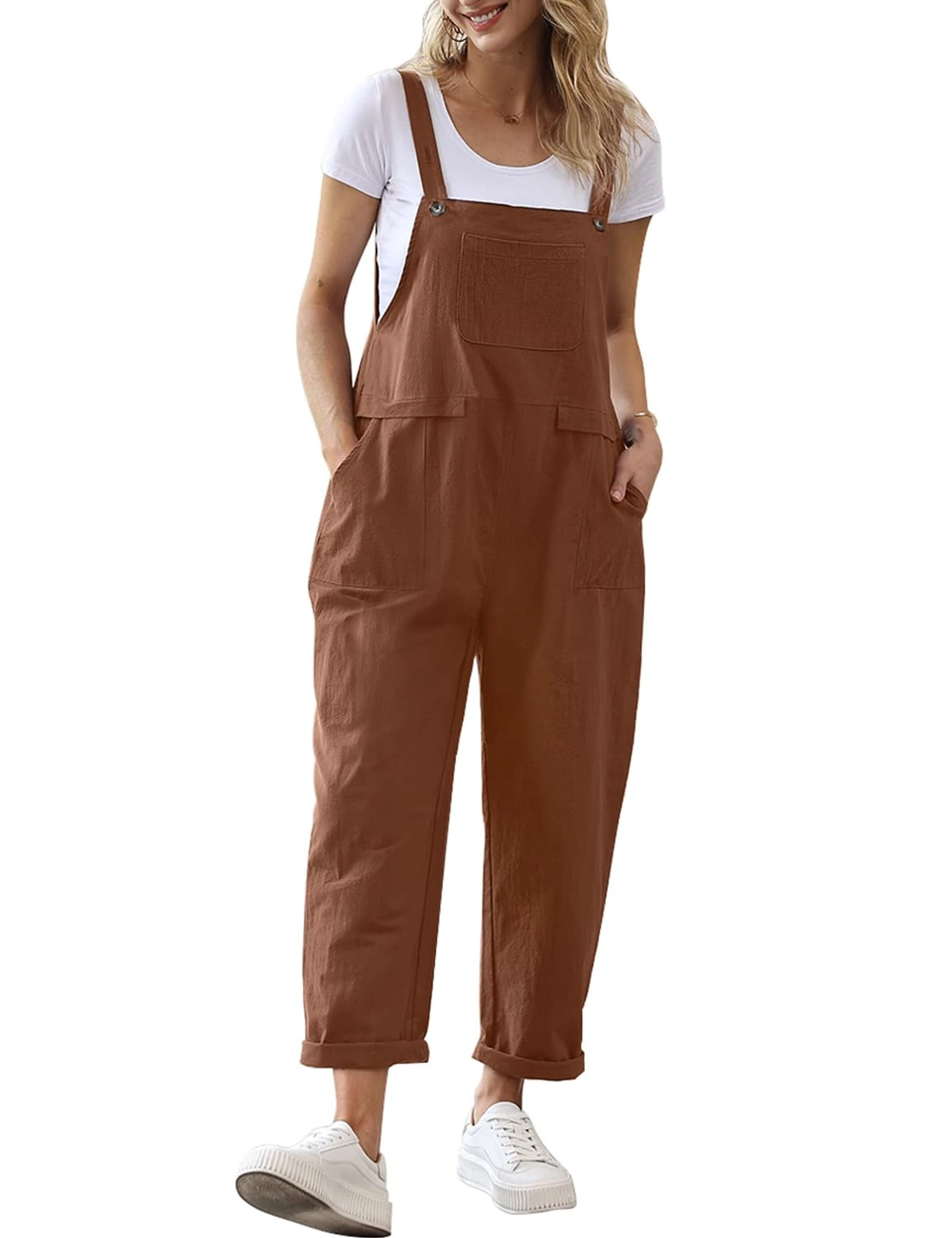 YESNO Women's Dungarees Loose Casual Plus Size Lightweight Sleeveless Overall Long Jumpsuit Playsuit Trousers Pants Dungarees (M PV9UK Coffee)