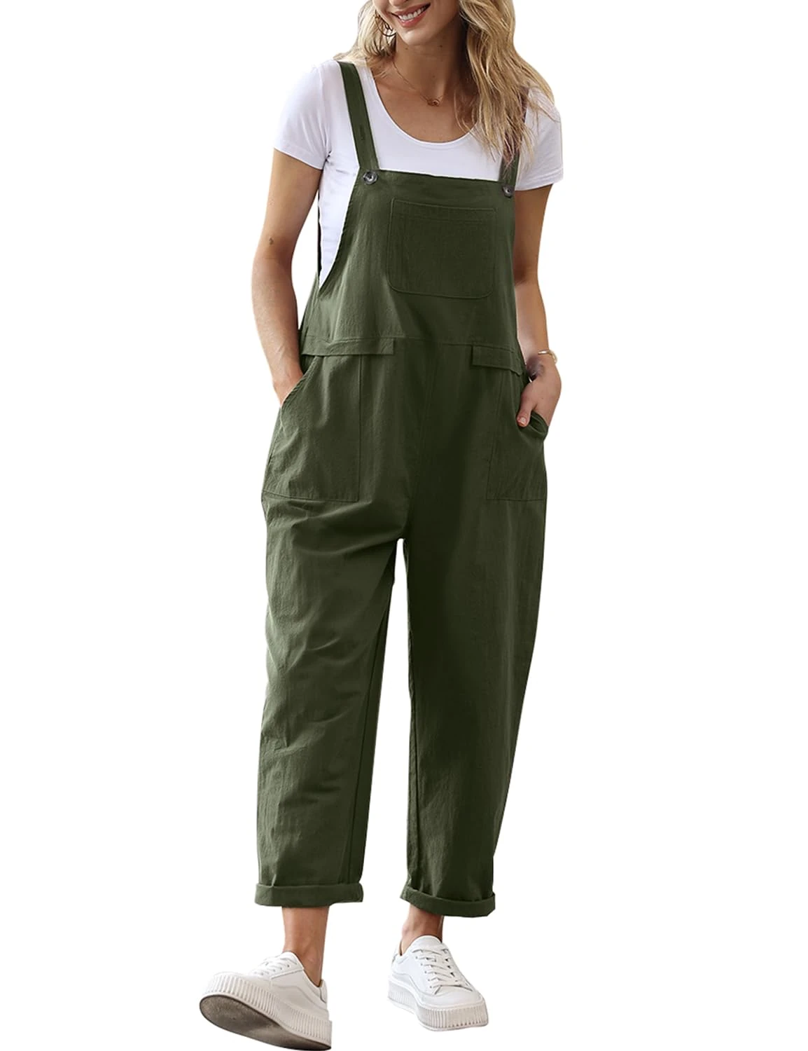 YESNO Women's Dungarees Loose Casual Plus Size Lightweight Sleeveless Overall Long Jumpsuit Playsuit Trousers Pants Dungarees (M PV9UK Ash Green)