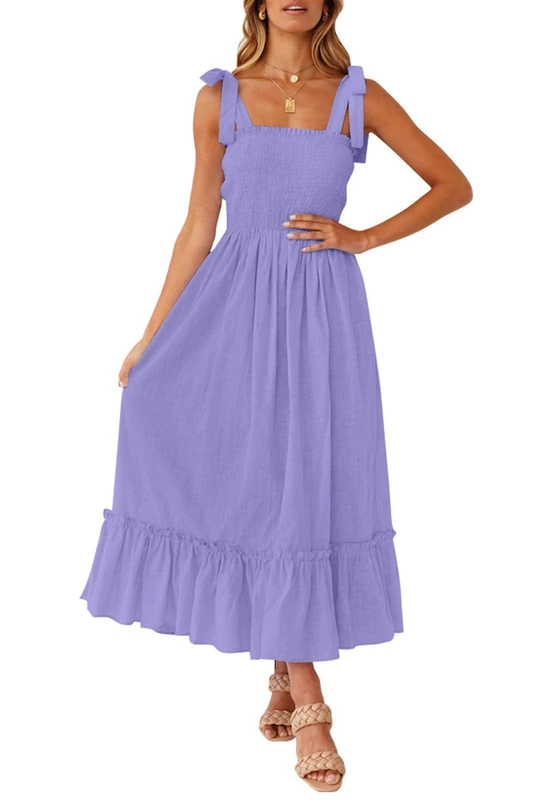 ZESICA Women's 2024 Summer Boho Spaghetti Strap Square Neck Solid Color Ruffle A Line Beach Long Maxi Dress, Purple, Small