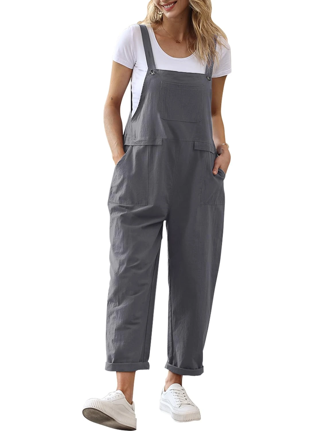 YESNO Women's Dungarees Loose Casual Plus Size Lightweight Sleeveless Overall Long Jumpsuit Playsuit Trousers Pants Dungarees (M PV9UK Gray)