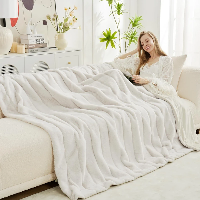 Cozy Bliss Faux Fur Throw Blanket for Couch, Cozy Warm Plush Striped Blanket for Sofa Bedroom Living Room, 60 * 80 Inches Beige