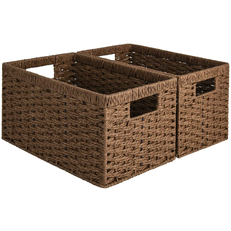 StorageWorks Round Paper Rope Storage Baskets, Rectangular Wicker Baskets with Built-in Handles, Gingerbread Brown, 2-Pack, 13” x 8.4” x 7.1”