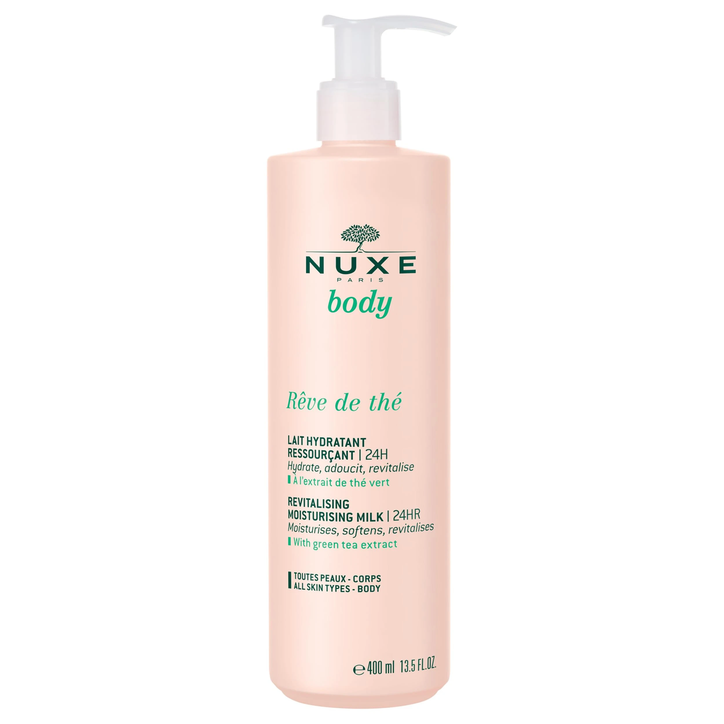 Nuxe Reve de The Revitalising Moisturising Milk 400ml, Light weight Body Lotion, Fast-Absorbing Hydration with a Fresh Scent, Leaves Skin Soft & Smooth, Vegan Formula