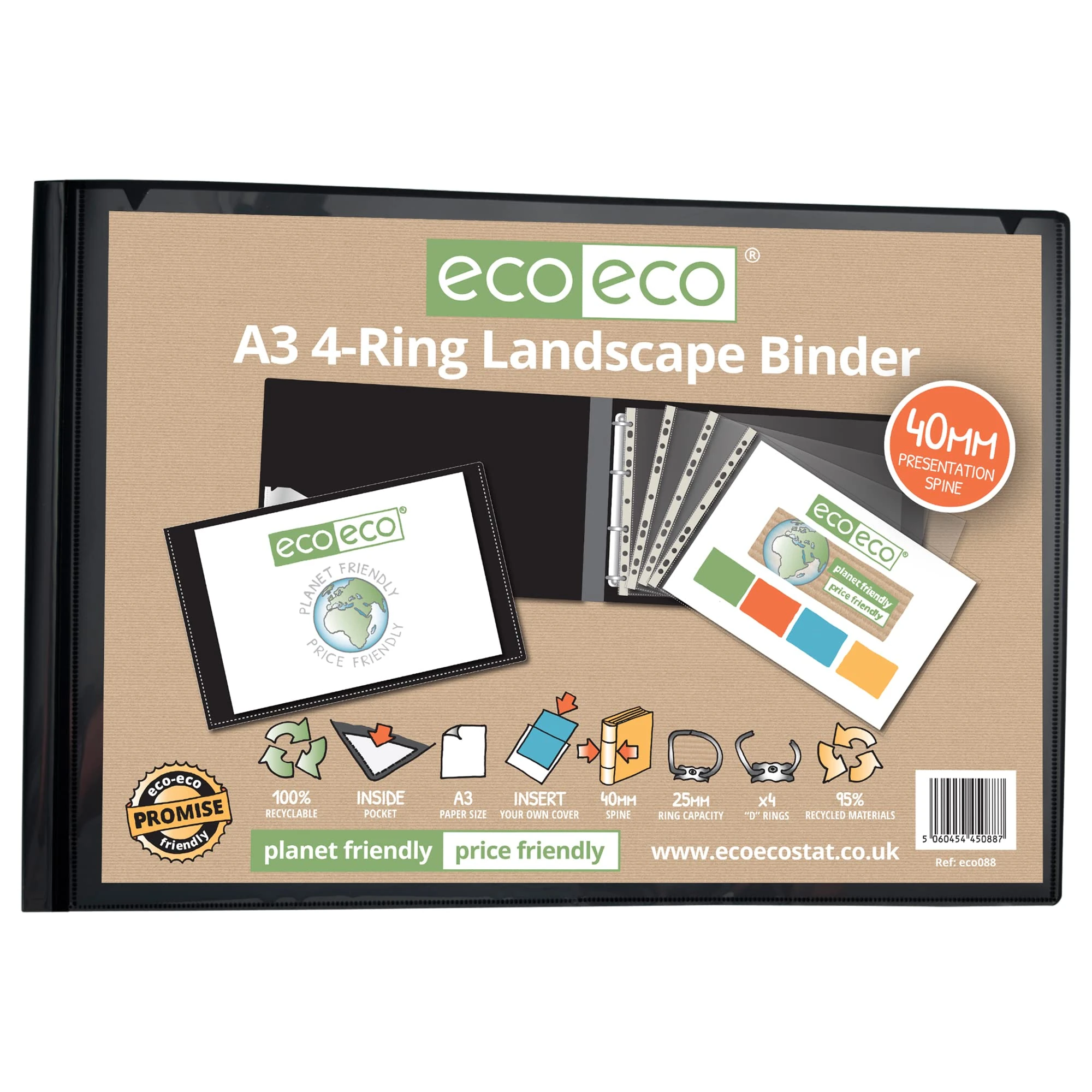 ECO ECO- A3 95% Recycled 4-D Landscape Ring Binder File Folder:The Ultimate Eco-Friendly Solution for Organizing Artwork Crafted with Care for Sustainable Creativity