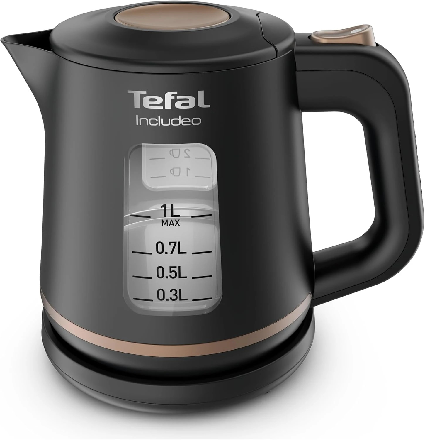 Tefal KI5338 Includeo Kettle | Capacity 1 Litre | Non-Slip Handle | Easy to Read Water Level | 360° Swivel Base | Removable Filter | Black/Copper