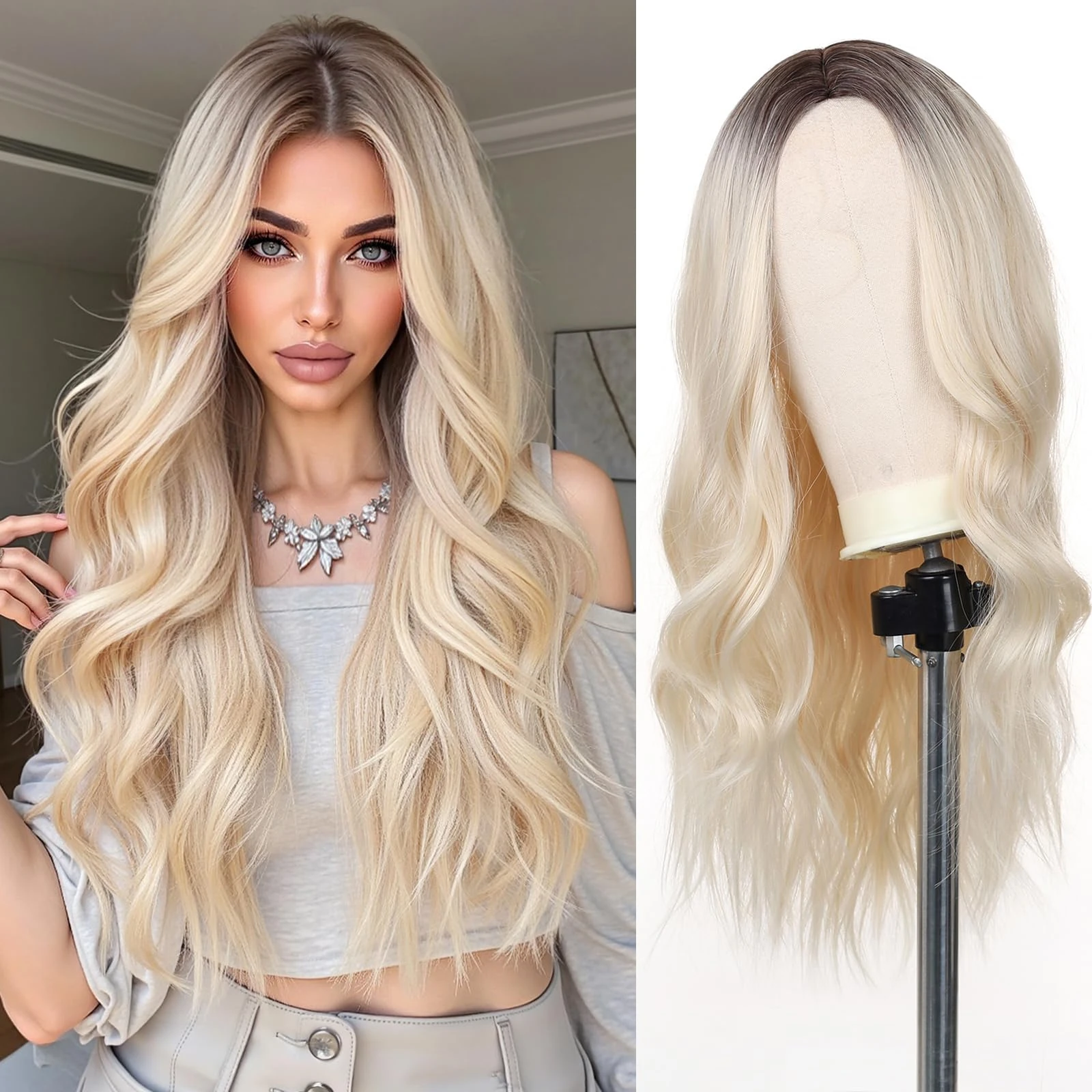 Esmee 26 Inches Long Blonde Wigs for Women Natural Synthetic Hair Ombre Blonde Wig with Dark Roots Synthetic Wig Loose Wavy Wigs Heat Resistant