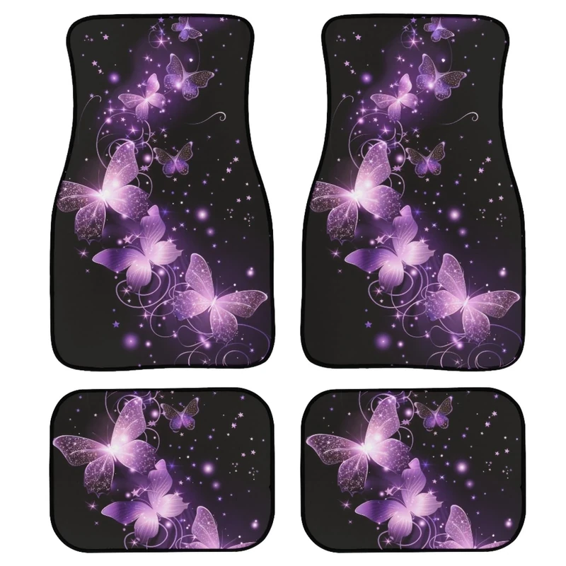 AFPANQZ Bling Butterflies Car Floor Mats 4 Packs Front and Rear Seat Floor Carpets Full Set Heavy Duvy Rubber Rugs Anti Slip All Weather Auto Interior Decor Black Purple