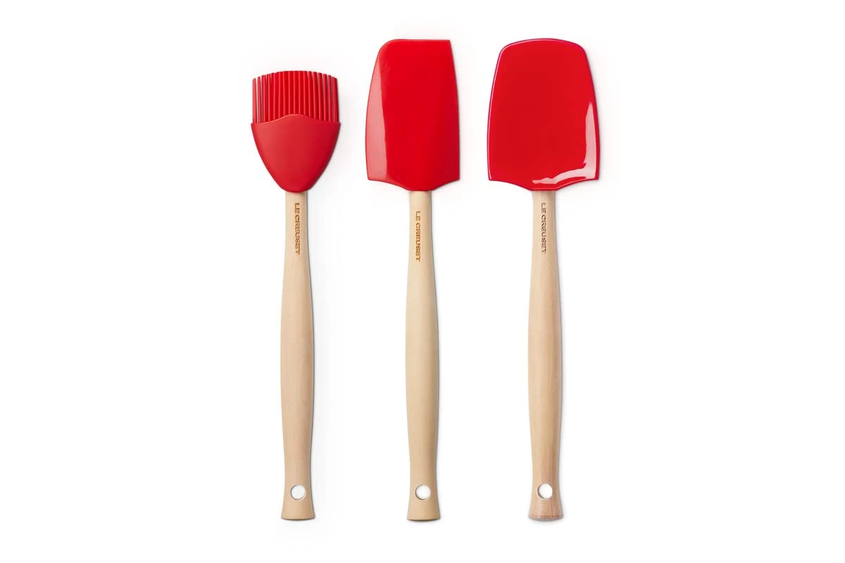 Le Creuset Craft 3-Piece Utensil Set, Medium Spatula/Large Spoon/Basting Brush, Silicone, Cerise, 42830000600007