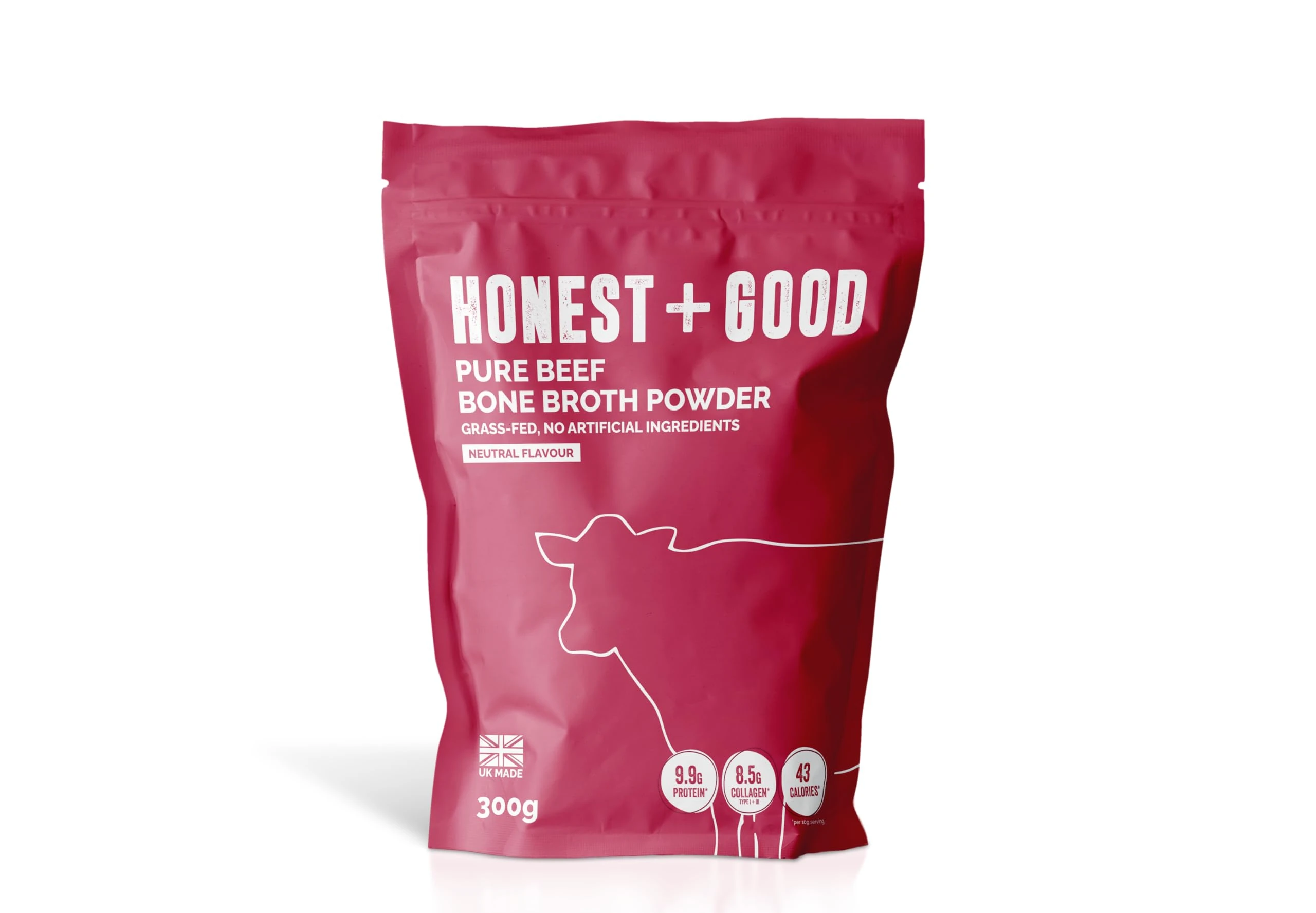 Honest + Good Beef Bone Broth Powder - 300 g | 1 Month Supply | Contains 8500mg Type I & III Collagen | Made with Grass Fed British Cattle | Promotes Hair Skin Nail & Gut Health | UK Made
