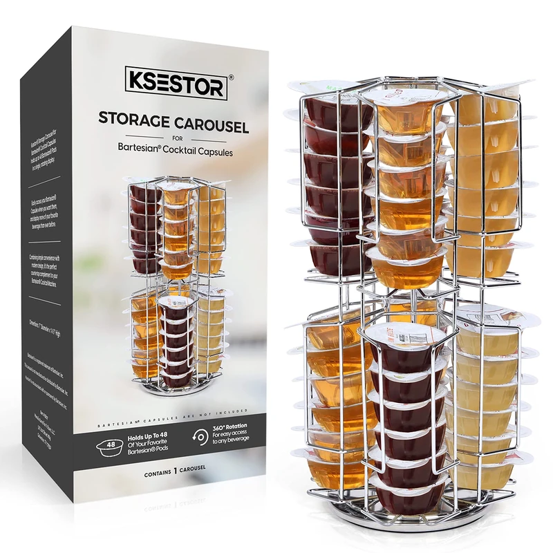 Ksestor Chrome Storage Carousel for Cocktail Capsules – Holds 48 Pods – 360° Rotating Pod Holder – Compatible with Cocktail Machines - Image 1