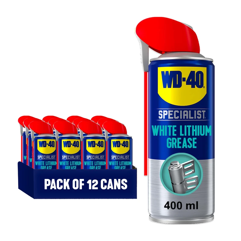 WD-40 Specialist White Lithium Grease Spray, 400ml 12-Pack, Long Lasting Spray Grease for Metal to Metal, Bearings, Hinges and Gears, Corrosion and Rust Protection