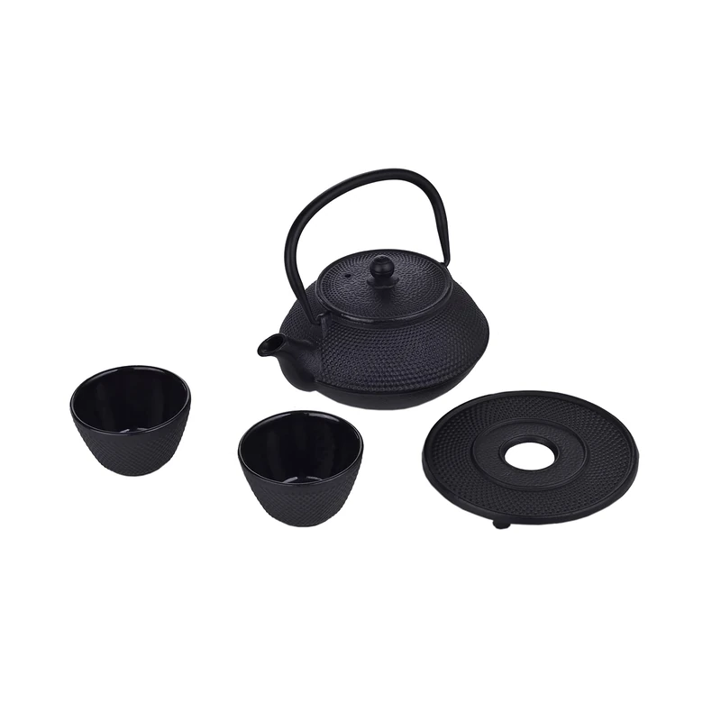 LAGUIOLE - Laguiole Cast Iron Teapot, Black Enamelled Inside, Infuser, Traditional Iron Teapot Set, Cast Iron Tray and 2 Japanese Tea Cups, Black, 800 ml