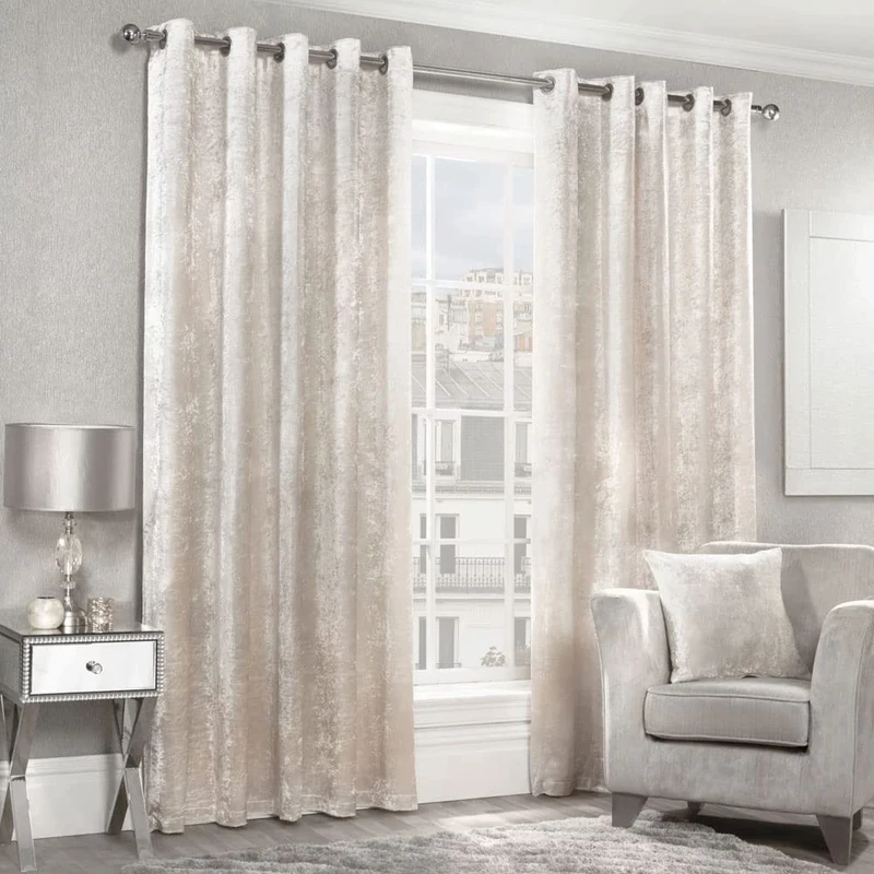 Alan Symonds Home Crushed Velvet Lined Eyelet/Ring Top Curtains Pair Cream x 90" Width