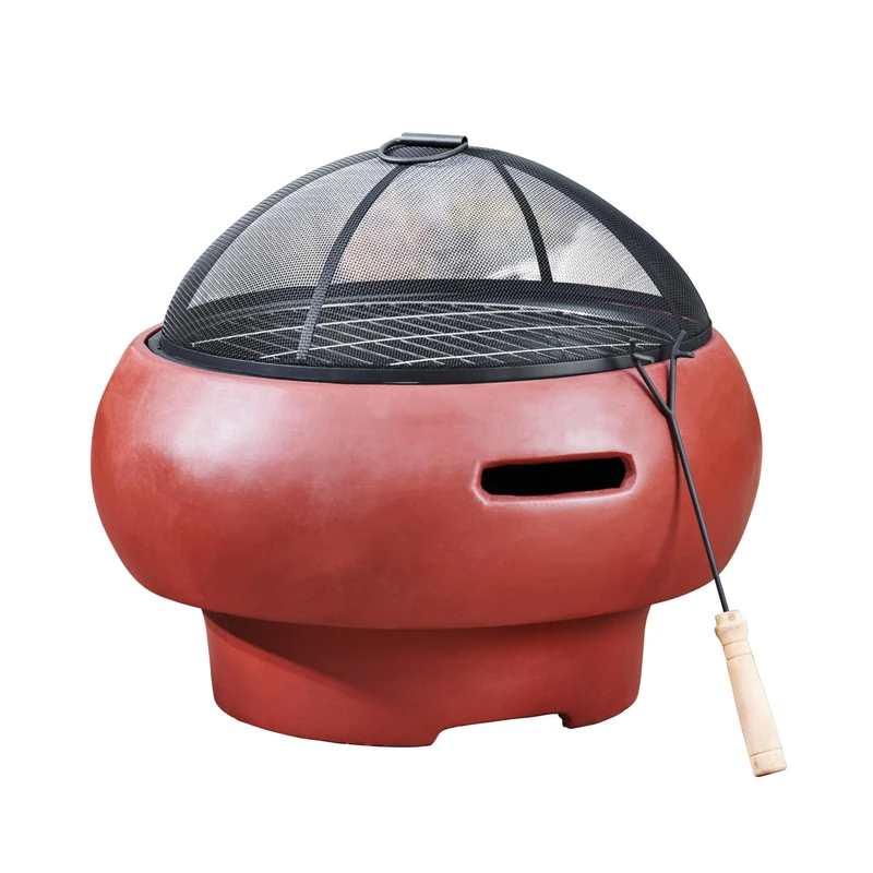 Teamson Home Outdoor Wood Burning Fire Pit, Small Round Fire Pit, Outdoor Chimenea, Firepit, Fire Bowl Log Burner with Poker, Grill and Lid, Red