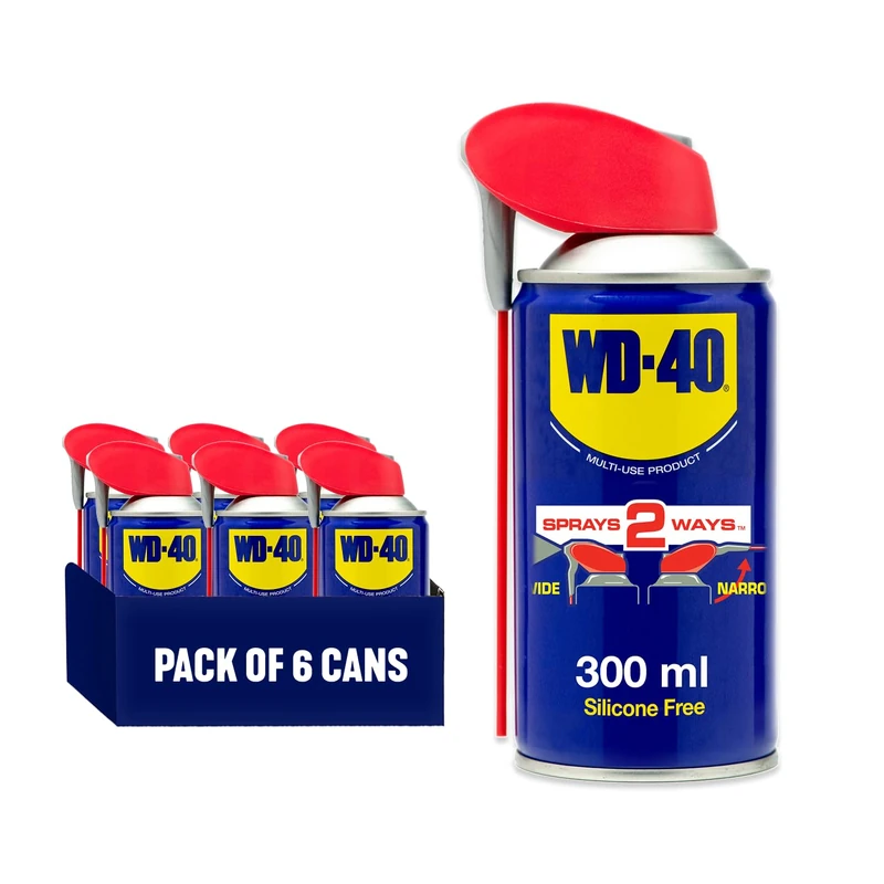 WD-40 Multi Use Lubricant Spray 300ml 6-Pack, Wide and Narrow Smart Straw, Multipurpose WD40 Spray Lubricant for Maintenance, Water Displacement, and Rust Protection on Gears, Threads, and Hinges