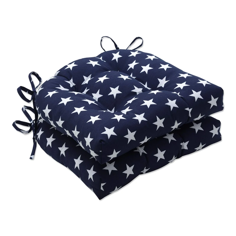 Pillow Perfect Americana Indoor/Outdoor Chairpad with Ties, Reversible, Tufted, Weather, and Fade Resistant, 15.5" x 16", Blue/White Macey, 2 Count