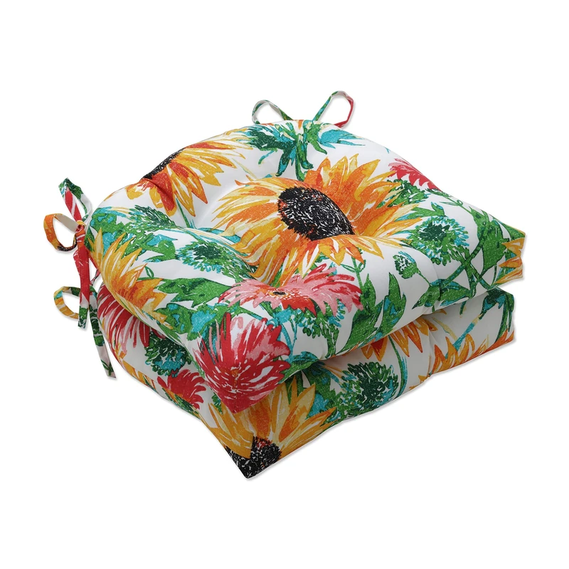 Pillow Perfect Bright Floral Indoor/Outdoor Chairpad with Ties, Reversible, Tufted, Weather, and Fade Resistant, 15.5" x 16", Yellow/Green Sunflowers, 2 Count